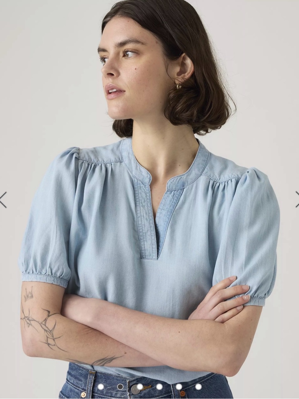 NWT Levi's Amelie Poplin Puff Sleeve Split-Neck Blouse Coastal Cowgirl